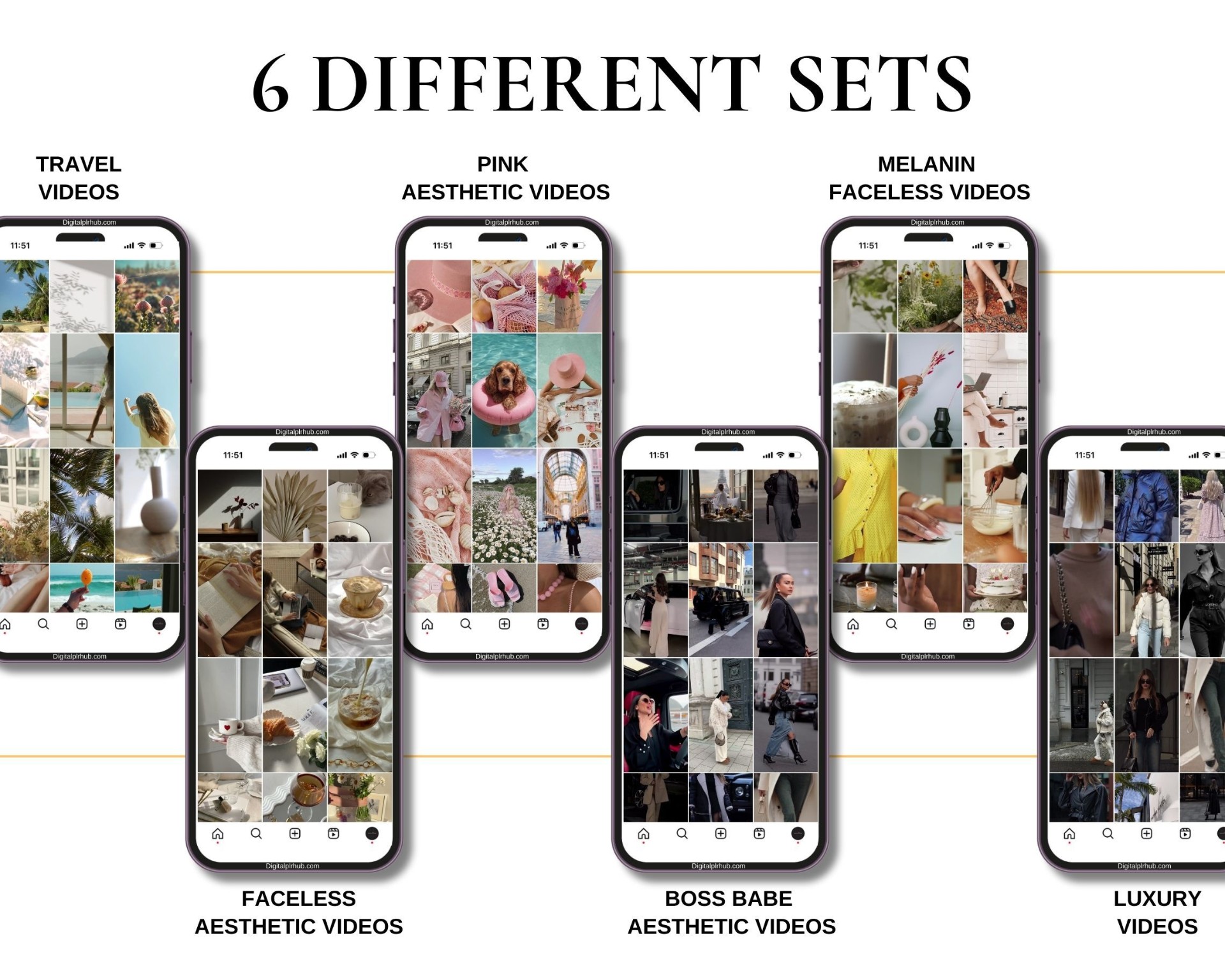Preview of all 6 aesthetic video sets on phone mockups